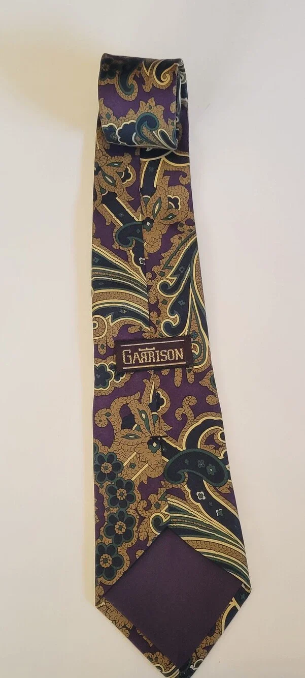 Garrison Silk Tie Mens Purple Gold Green Paisley All Silk Handmade USA Necktie